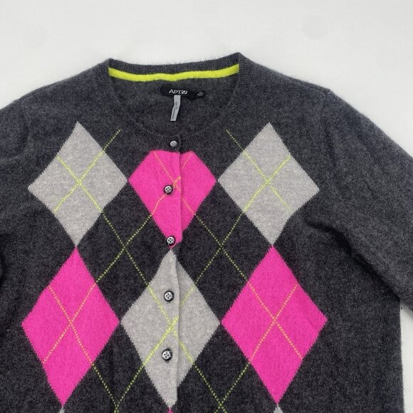Apt 9 Womens Size XL Gray Argyle 100% Cashmere Cardigan Button Up Sweater - Picture 4 of 11